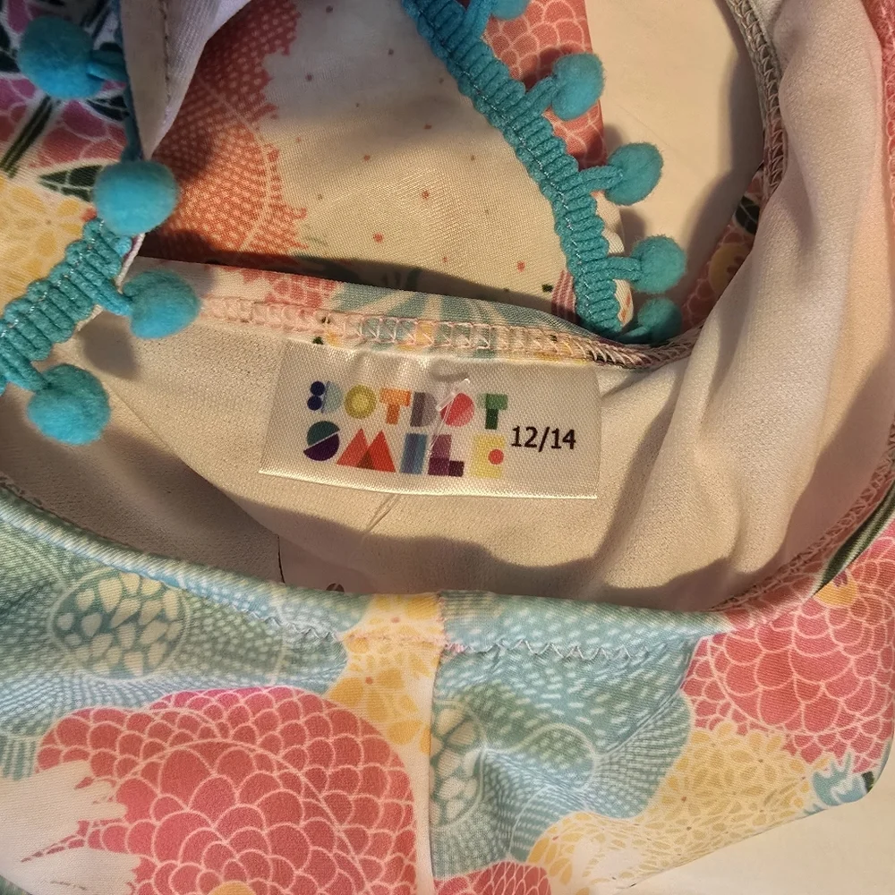 NWT! Dot Dot Smile Kids One-Shoulder Floral Pom-Pom Swimsuit - Pink Multi